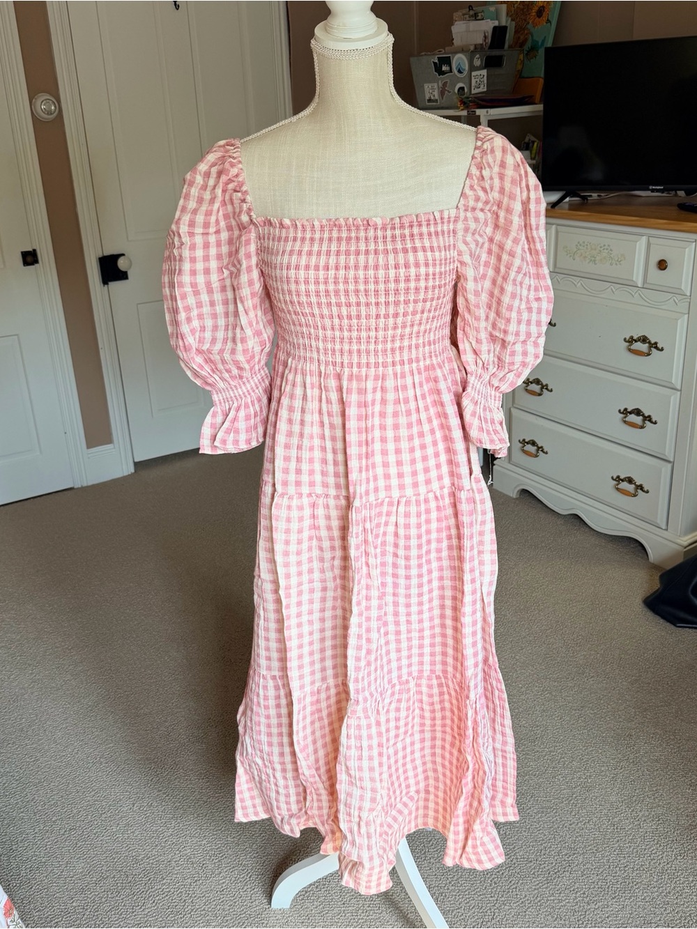 Smocked Square-Neck Pink Gingham Midi Dress